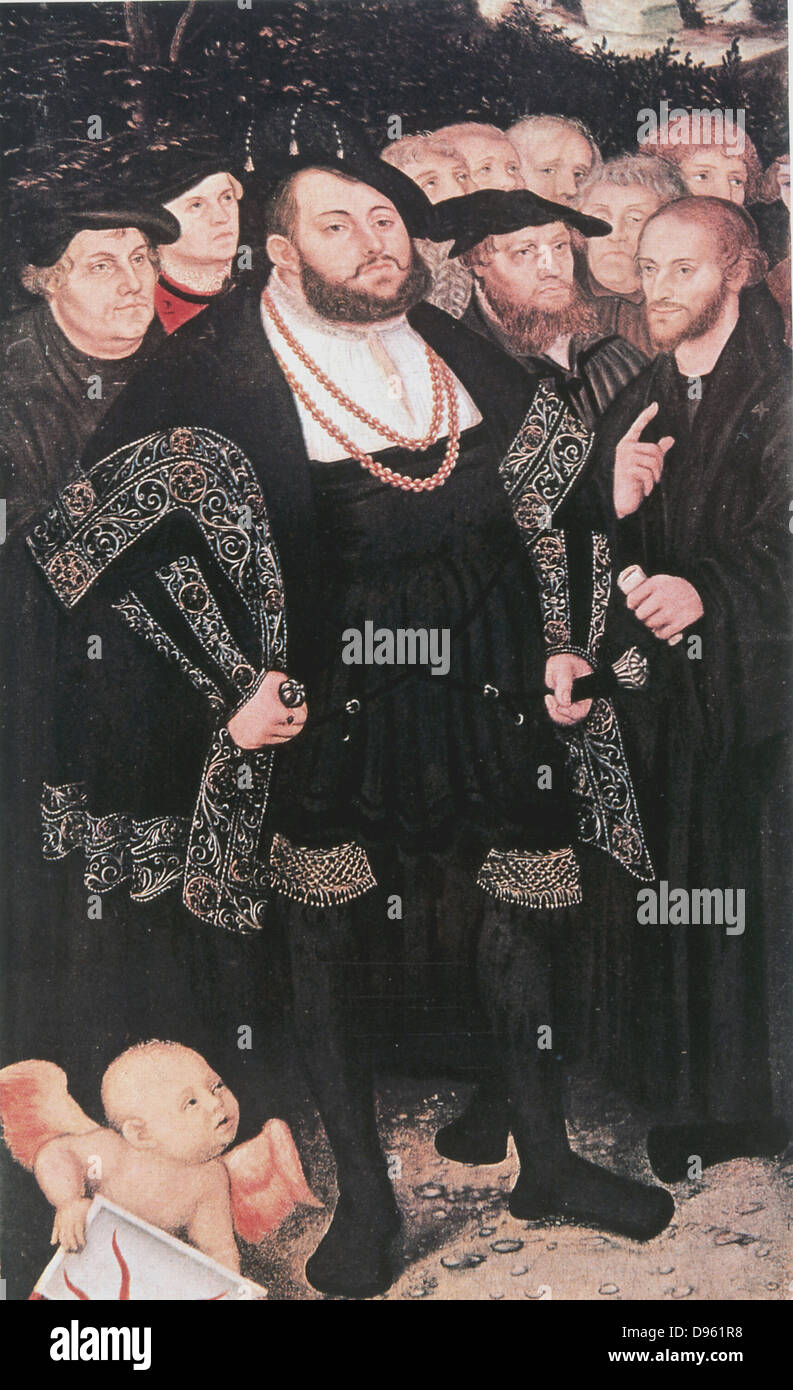 Martin Luther (1483-1546), réformateur protestant allemand, gauche, avec John Oecolampadius, John Frederick le Magnanime, Électeur de Saxe, Ernestine (l'un des protecteurs de Luther, Zwingli et Huldriech) Philip Melancthon. Après photo par Luther Cranch c1530. Banque D'Images