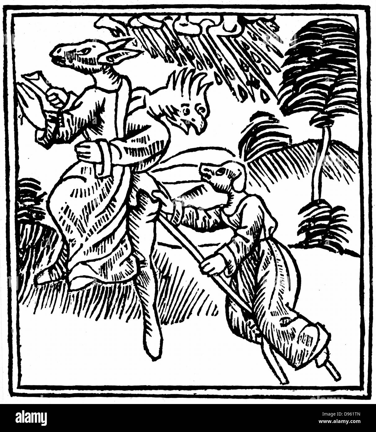Les sorcières transformées en animaux comme ils montent dans l'air sur un bâton. Ulrich de 'De Laniis Militor et phitonicis mulieribus', Constance, 1489. Gravure sur bois. Banque D'Images