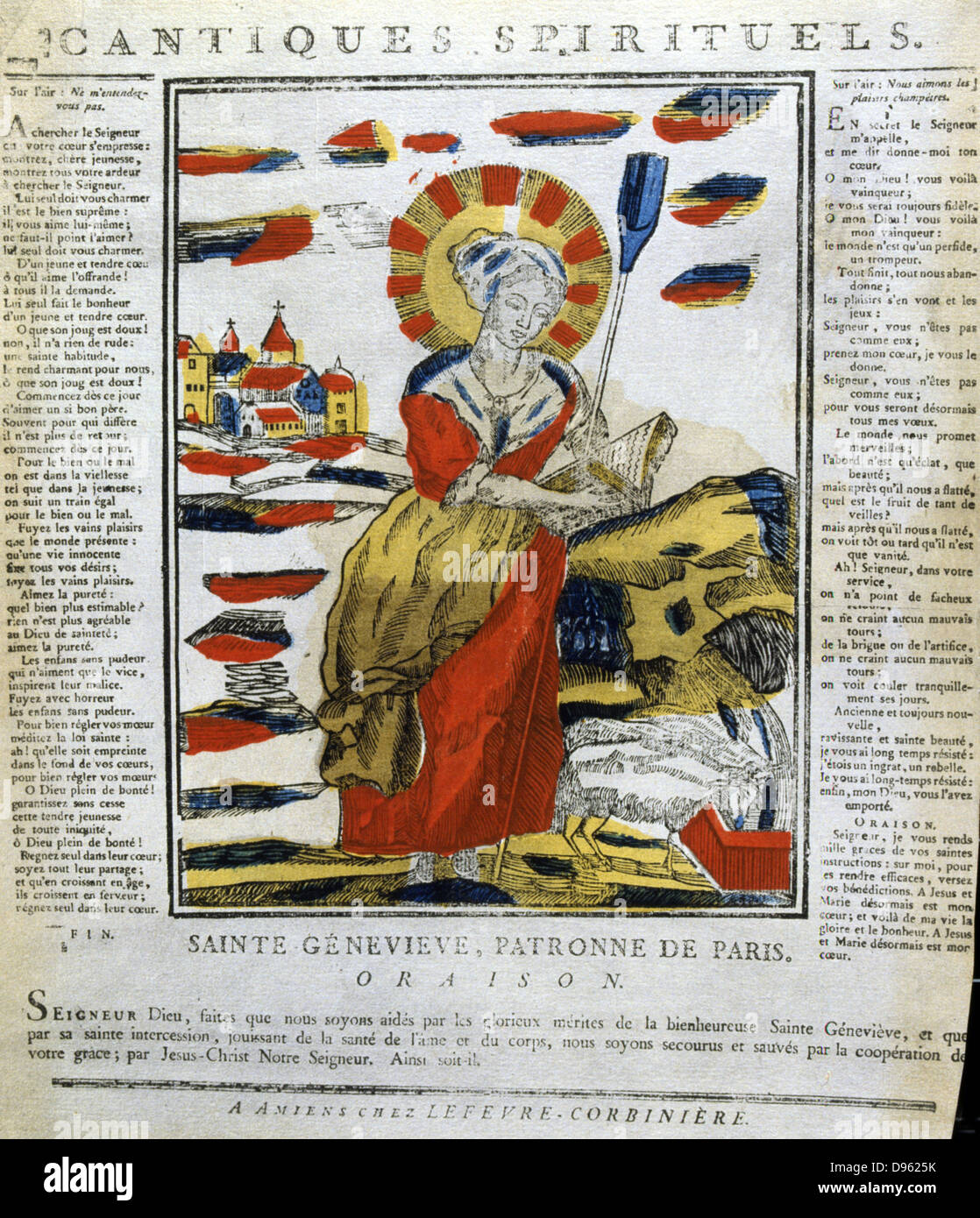 St Genevieve (423-512), patronne de Paris. Gravure sur bois en couleur du 19e siècle français. Banque D'Images