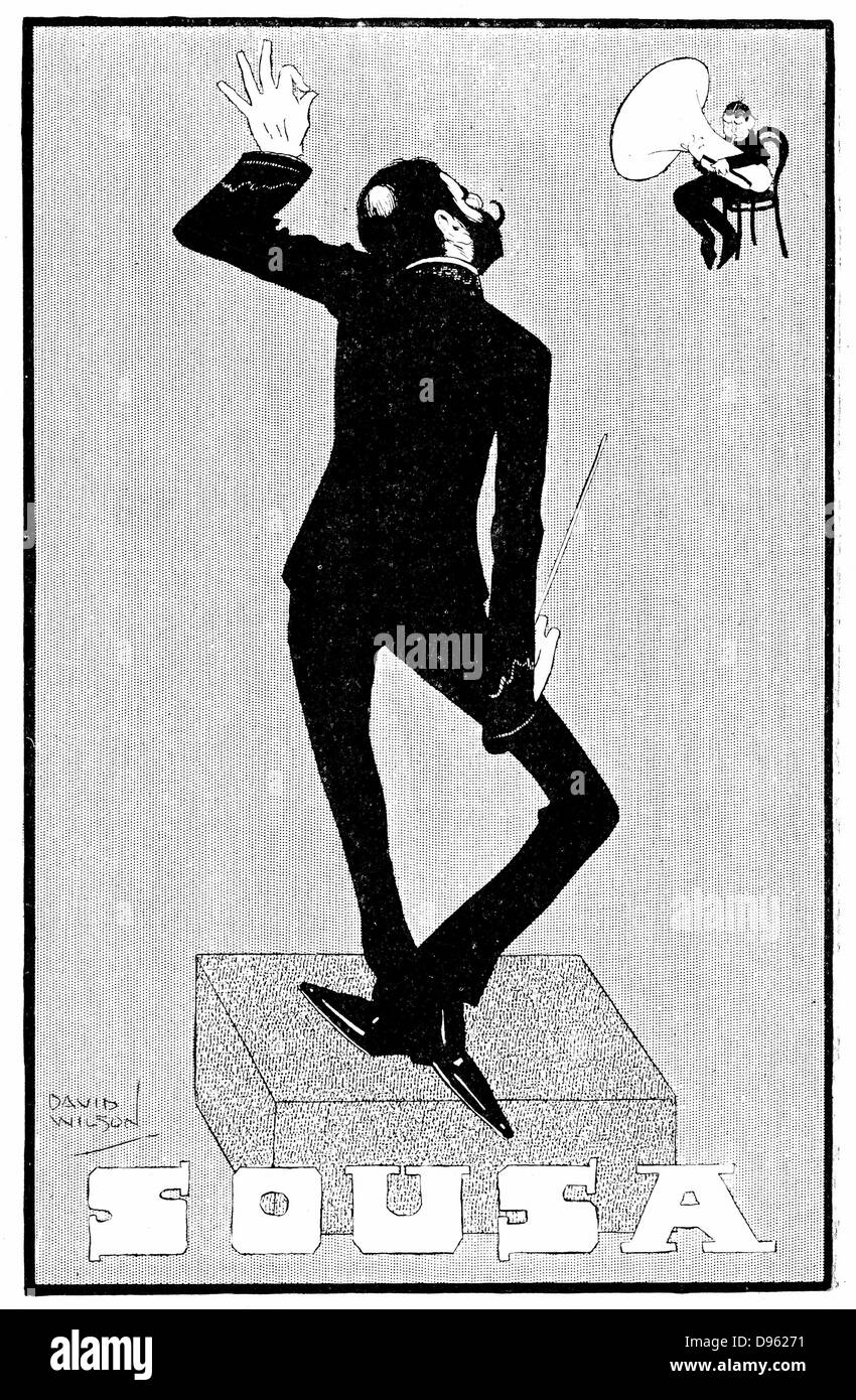 John Philip Sousa (1854-1932), compositeur et chef de l'Amérique mars. Caricature de David Wilson marquant la fin de Sousa visite en Grande-Bretagne, février 1903. Demi-teinte. Banque D'Images