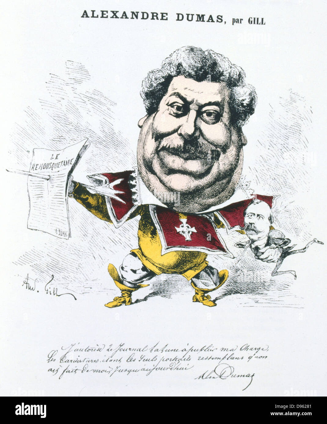 Alexandre Dumas l'ancien (1802-1870) novelst français et dramaturge. Caricature d'André Gill, 1866, montrant Dumas habillé en mousquetaire. 'Les Trois Mousquetaires' (Les Trois Mousquetaires) son grand roman de 1845. Banque D'Images