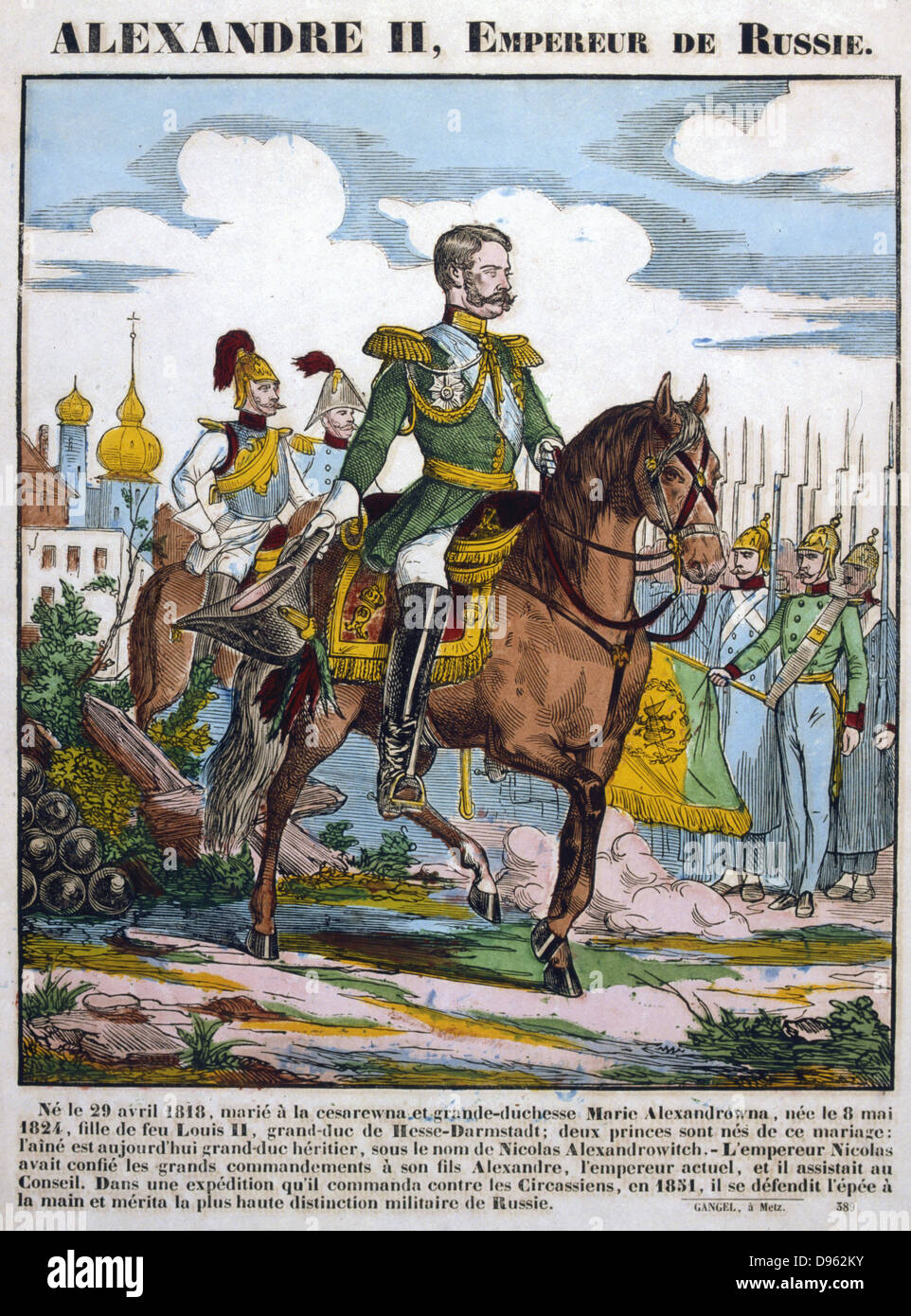 Alexandre II (1818-1881), Tsar de Russie de 1855 connu comme le libérateur pour son émancipation des serfs, 1861. Alexander à cheval l'examen des troupes. 19e siècle gravure sur bois en couleur. Banque D'Images