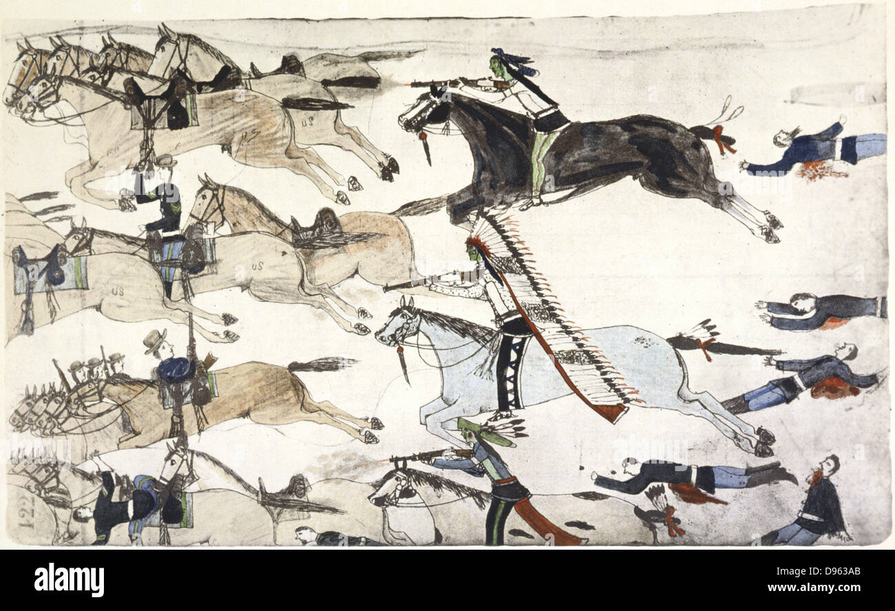 Bataille de Little Big Horn 25 et 26 juin 1876. Retraite des 7e bataillons de Cavalerie US dans le cadre du grand Marcus Reno. Peinture par Amos mauvais coeur Buffalo (Sioux) c. 1900 Banque D'Images Bataille de Little Big Horn 25 et 26 juin 1876. Retraite des 7e bataillons de Cavalerie US dans le cadre du grand Marcus Reno. Peinture par Amos mauvais coeur Buffalo (Sioux) c. 1900 Banque D'Images