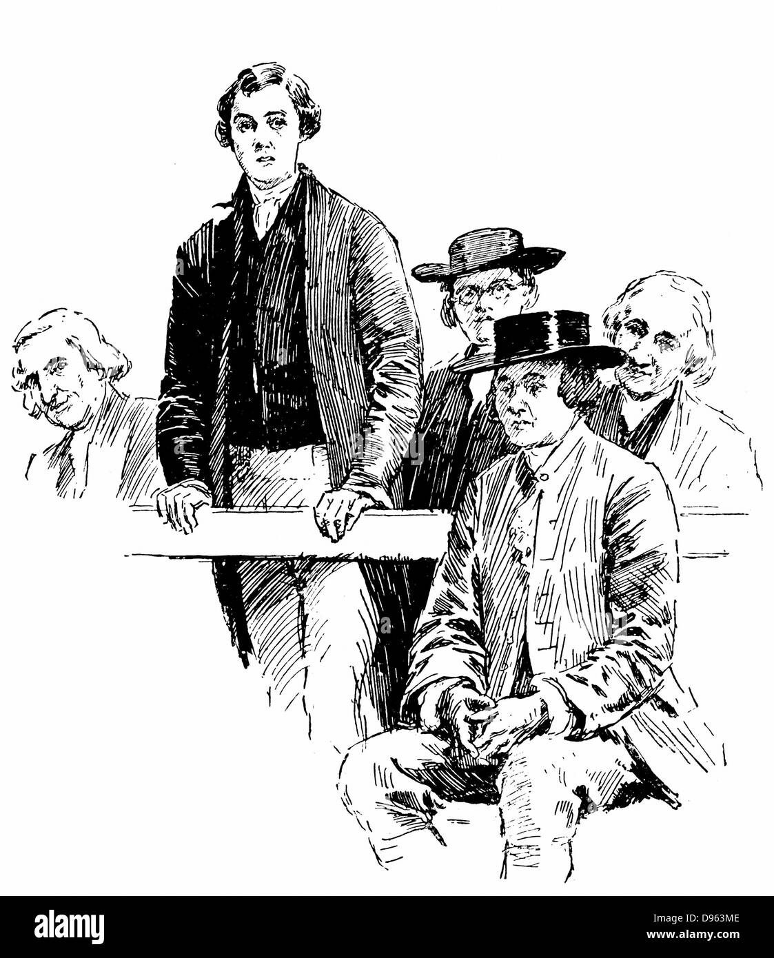 Réunion Quaker, Londres, c1893. Jeune homme déclare son intention de se marier à la réunion de la Société des amis. Gravure Banque D'Images
