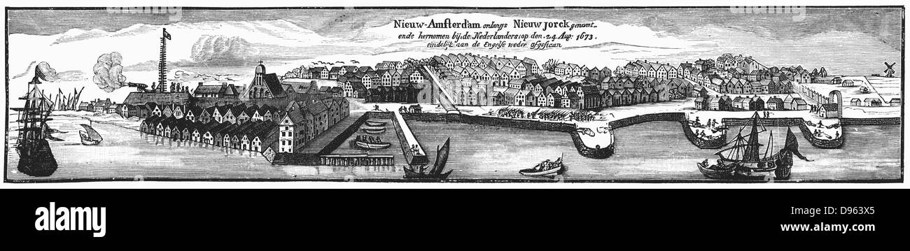 Établissement néerlandais de New Amsterdam, qui deviendra plus tard New York, en 1673. La gravure. Banque D'Images