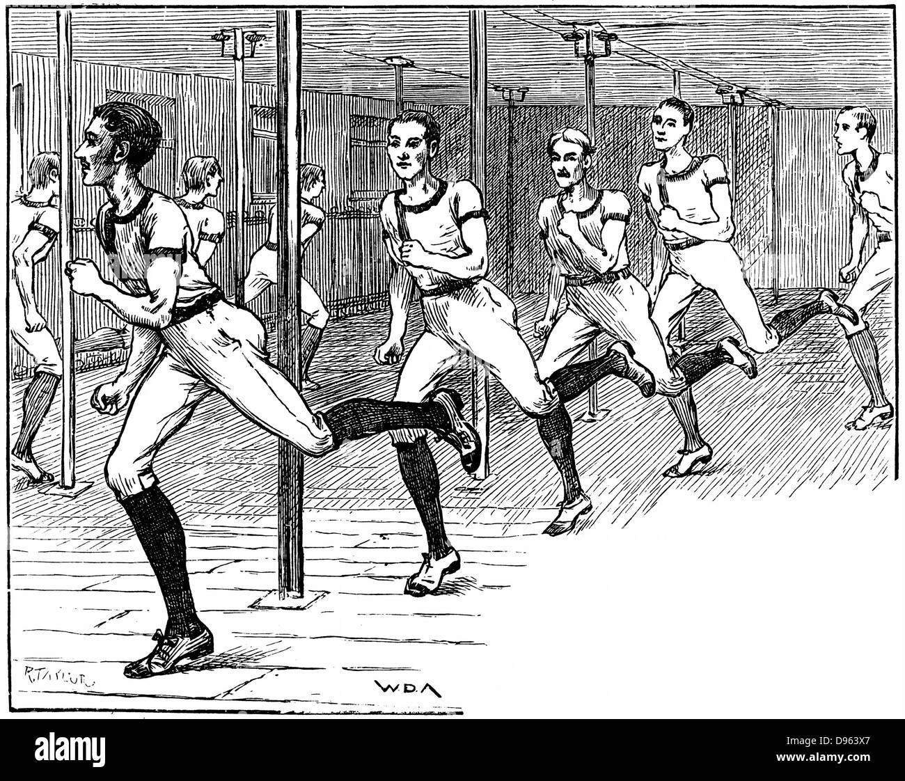 Young Men's Christian Association (YMCA) Gymnase Longacre, Londres : Jeunes hommes sprint intermédiaire du 'Maze'. La gravure sur bois 1887 Banque D'Images