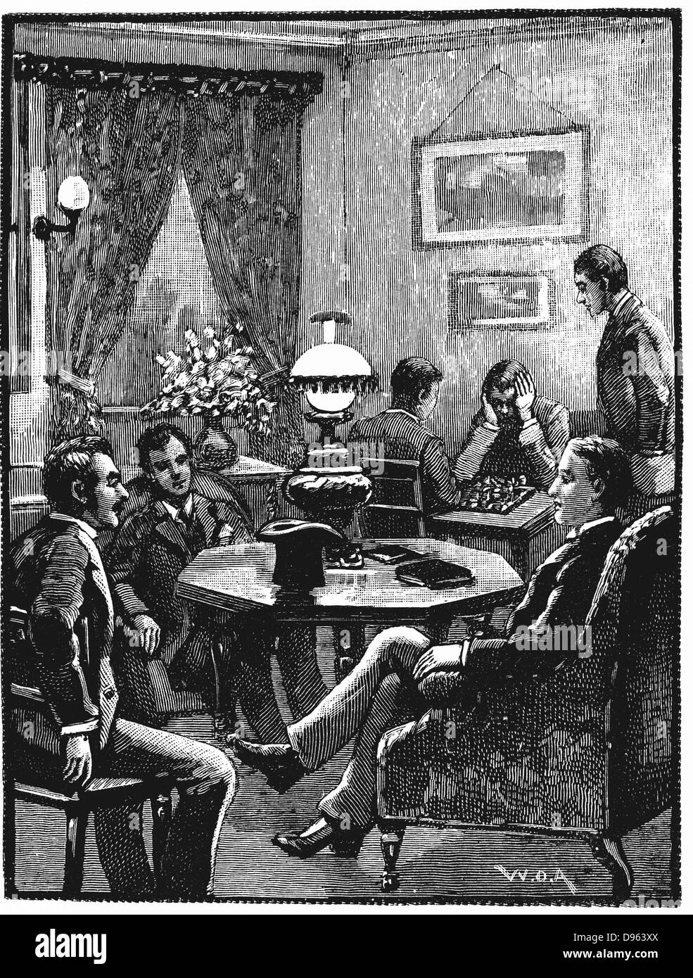 Salon de Young Men's Christian Association (YMCA) Exeter Hall, Londres, où les jeunes hommes pouvaient se reposer et recevoir des visiteurs. La gravure sur bois, 1887 Banque D'Images