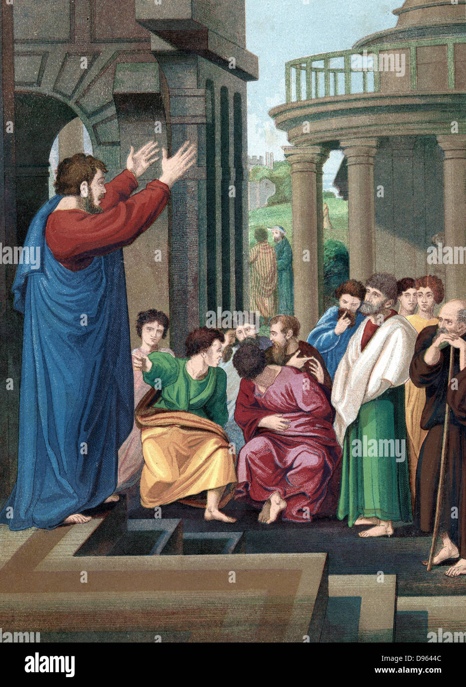 L'Apôtre saint Paul prêchant aux Athéniens. "Bible" en actes. Chromolithographie c1860. La couleur. Banque D'Images