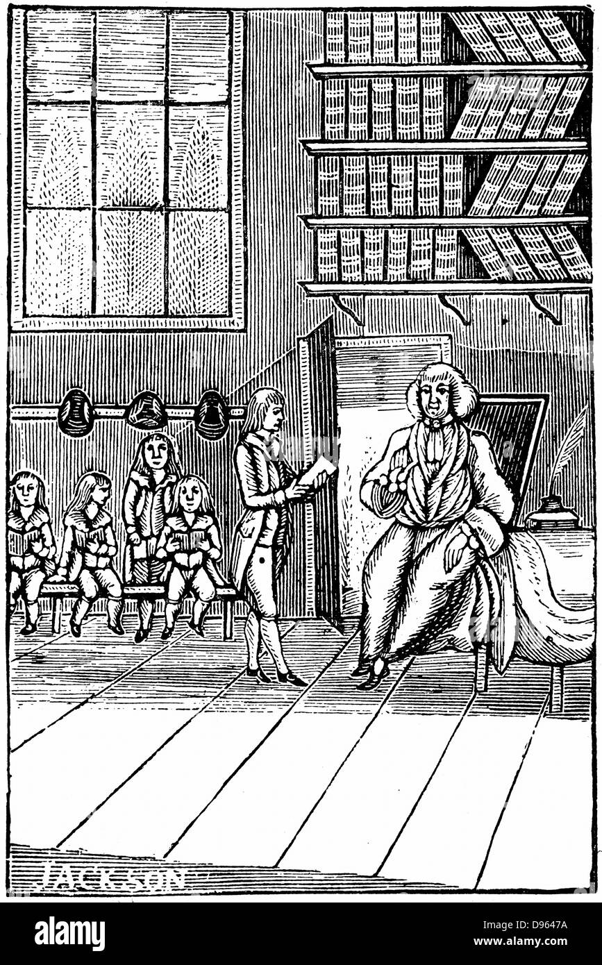 Instituteur et ses élèves. 18e siècle gravure sur bois Banque D'Images