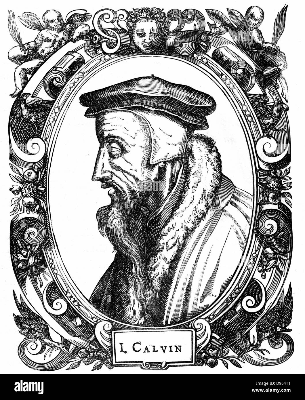 Jean Calvin (1509-1564), théologien français. Réformateur Protestant. Il s'installe à Genève et a été chef de file dans la Réforme protestante. A donné son nom à la forme stricte du protestantisme, le calvinisme. Gravure sur bois, 1581 Banque D'Images