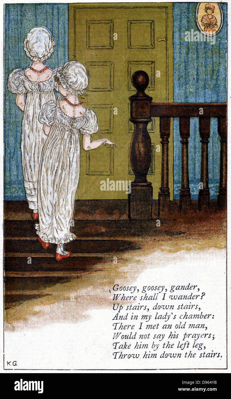 Goosey goosey, Gander, où vais-je errer ? Illustration par Kate Greenaway (1846-1901) pour un livre de comptines. Chromolithographie. Banque D'Images