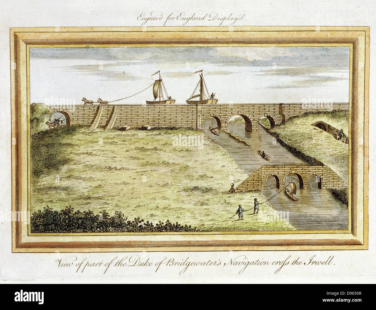 Canal de Bridgewater, en Angleterre, en traversant la rivière Irwell par un viaduc. En premier plan 'Hobblers' s'en bateau sur la rivière. Ingénieur : James Brindley (1716-72). La main, la gravure. Banque D'Images