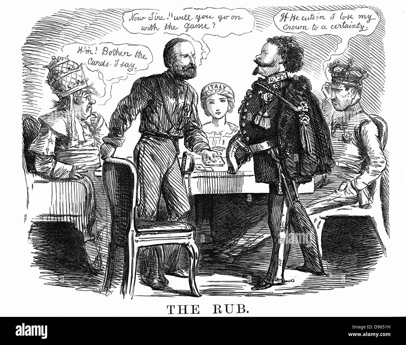 Unification de l'Italie : Garibaldi demande à Victor Emmanuel II si il portera sur le "jeu" pour l'Italie, tandis que sur la gauche le Pape Pie IX se rend compte qu'il a une main faible et à droite Léopold II, Grand-duc de Toscane, se voit perdre sa couronne. Caricature de 'Punch', 27 octobre 1860. La gravure sur bois. Banque D'Images