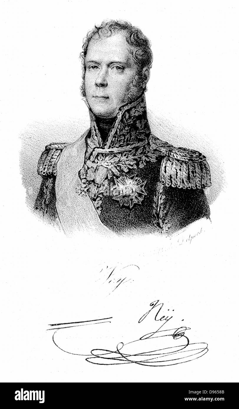 Michel Ney (1769-1815) soldat français. L'un des maréchaux de Napoléon.Led centre français à Waterloo. Condamné à mort pour haute trahison et fusillé. Lithographie c1820 Banque D'Images
