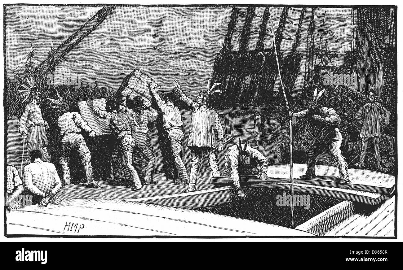 Boston Tea Party, 26 décembre 1773. Habitants de Boston, Massachusetts, habillés comme des Indiens américains, jeter le thé en provenance de navires dans le port dans l'eau comme une protestation contre la fiscalité. "Pas de taxation sans représentation". La gravure sur bois, fin du xixe siècle. Banque D'Images