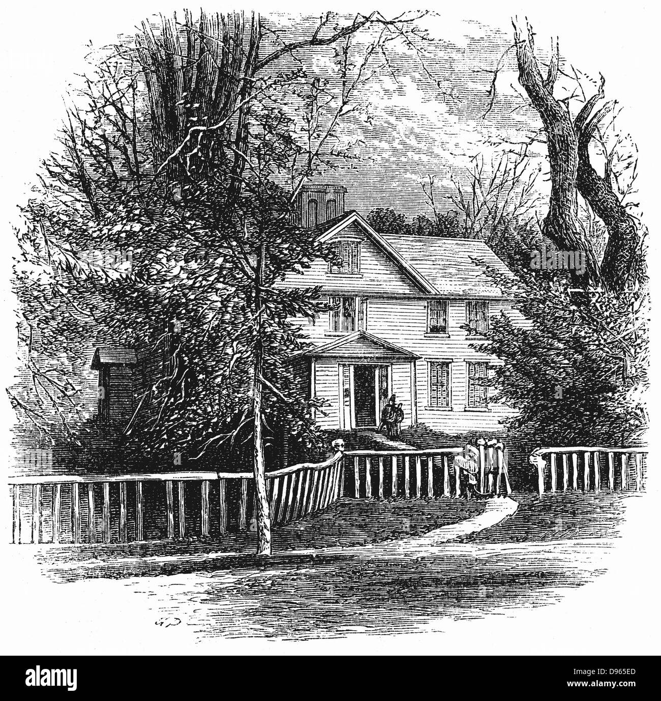 La maison d'Amos Benson Alcott (1799-1888) et sa famille, y compris à Louisa May Alcott, Concord, Massachusetts. La gravure sur bois, 1875 Banque D'Images