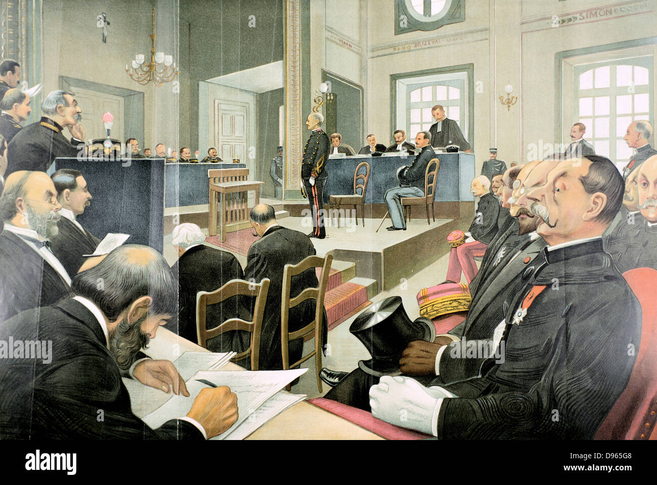 Alfred Dreyfus (c1859-1935) Officier de l'armée française d'origine juive, accusé à tort de passer des documents secrets pour les Allemands, dans la salle d'audience à l'époque de son premier procès à Rennes. Reconnu coupable et condamné à 10 ans de prison. À partir de 'Vanity Fair', Londres, 7 décembre 1899. Banque D'Images