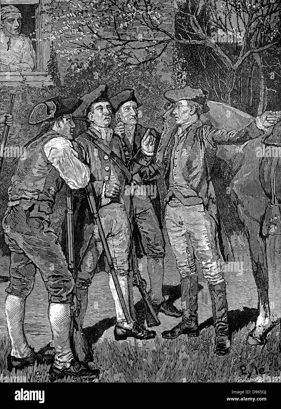 Paul Revere (1735-1818), orfèvre et patriote américain arrivant à Lexington de Boston avec la nouvelle que les Anglais étaient sur le Pitcairn sous propose : 18 avril 1775. Guerre d'Indépendance américaine. Publié 1886 Gravure Banque D'Images