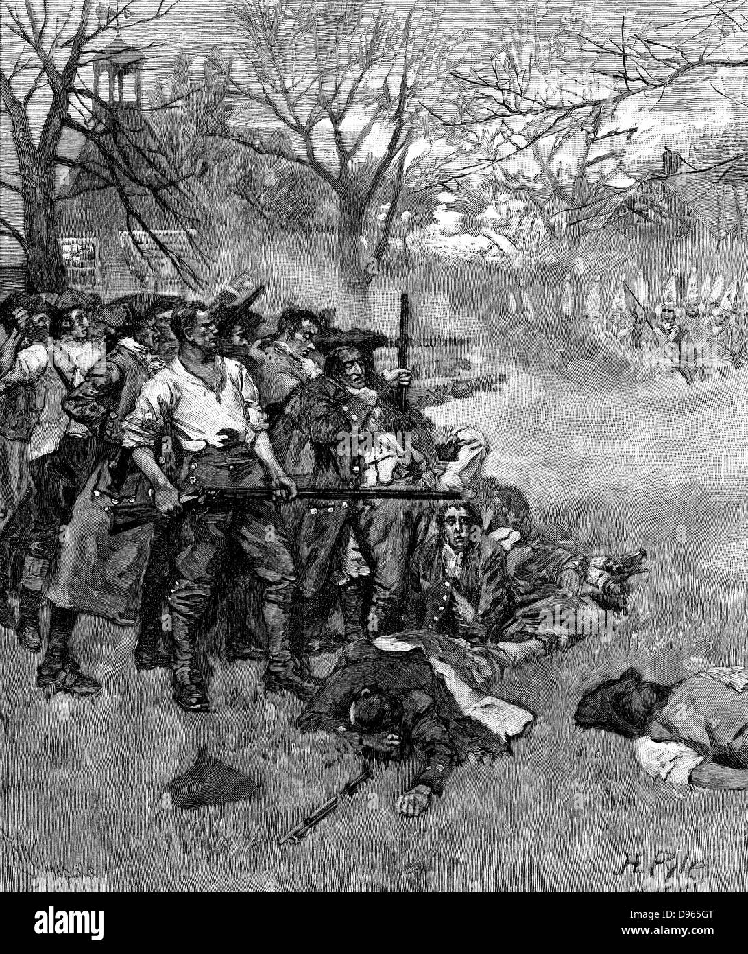 Guerre d'Indépendance américaine : Lexington Green - 38 patriotes américains de prendre une position contre 600 à 800 soldats britanniques. 7 américains tués, 9 blessés. La gravure sur bois de 1875. Banque D'Images