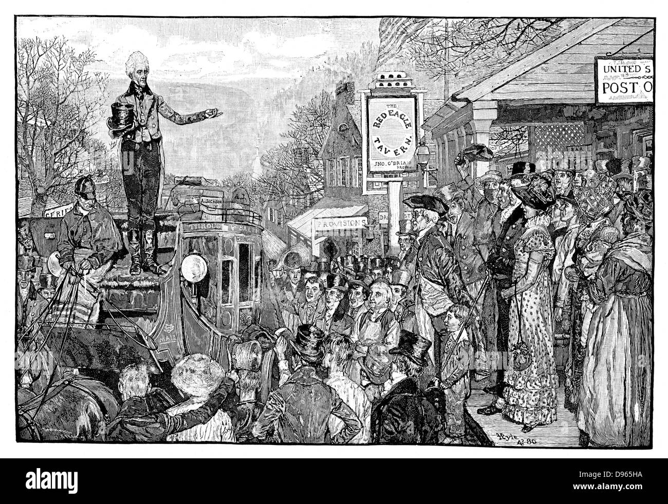 Andrew Jackson (1767-1845), 7e président des Etats-Unis, en tant que président élu, livrant un discours depuis le siège conducteur de son entraîneur sur son voyage triomphal à Washington, 1828. Gravure tirée de "Harper's Weekly", 1881. Banque D'Images