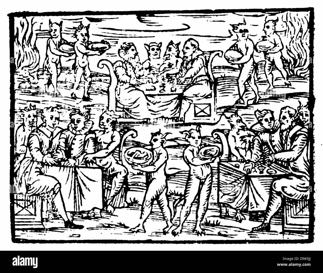 Sorcières et sorciers se régalant au Sabbat. Gravure sur bois de Francesco Maria Guazzo 'Compendium Maleficarum', Milan, 1608. Banque D'Images