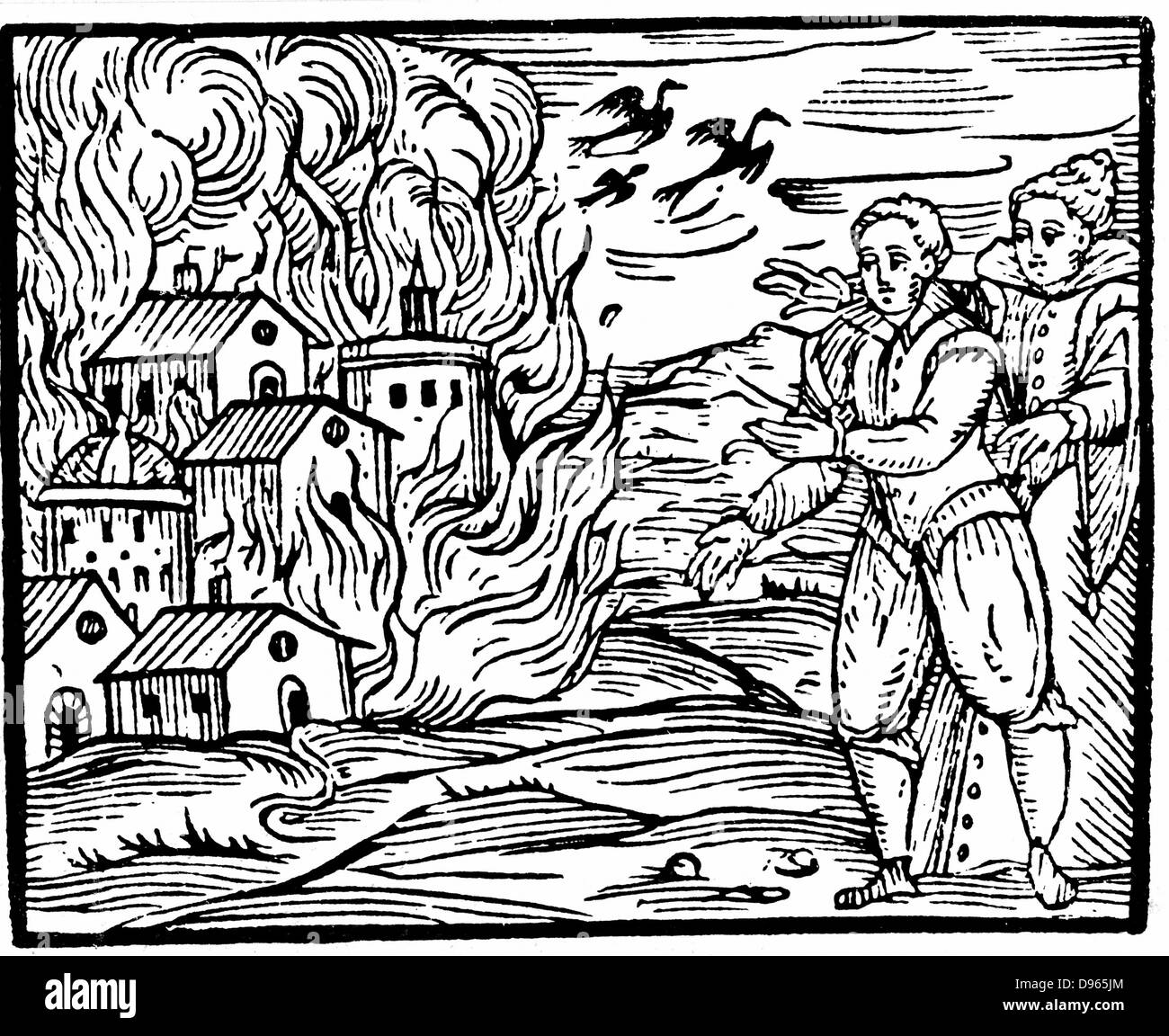 Détruire les sorcières une maison par le feu - souabe, 1533. Gravure sur bois de Francesco Maria Guazzo 'Compendium Maleficarum', Milan, 1608. Banque D'Images
