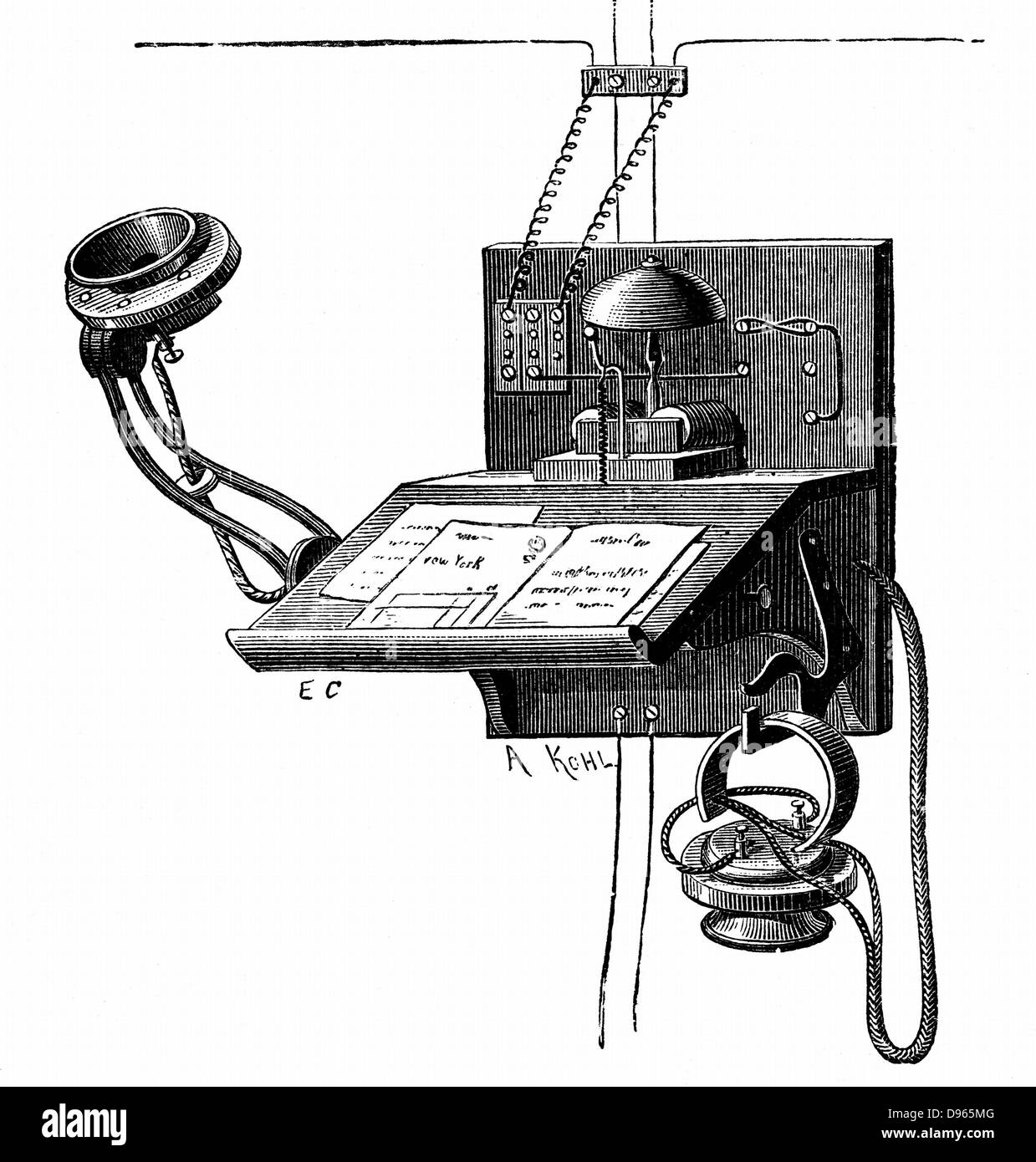Appareil téléphonique réservée aux nouveaux abonnés de New York. C'est servi d'un émetteur d'Edison et d'un poney "couronne" (en bas à droite du récepteur d'image. La gravure sur bois c1891. Banque D'Images