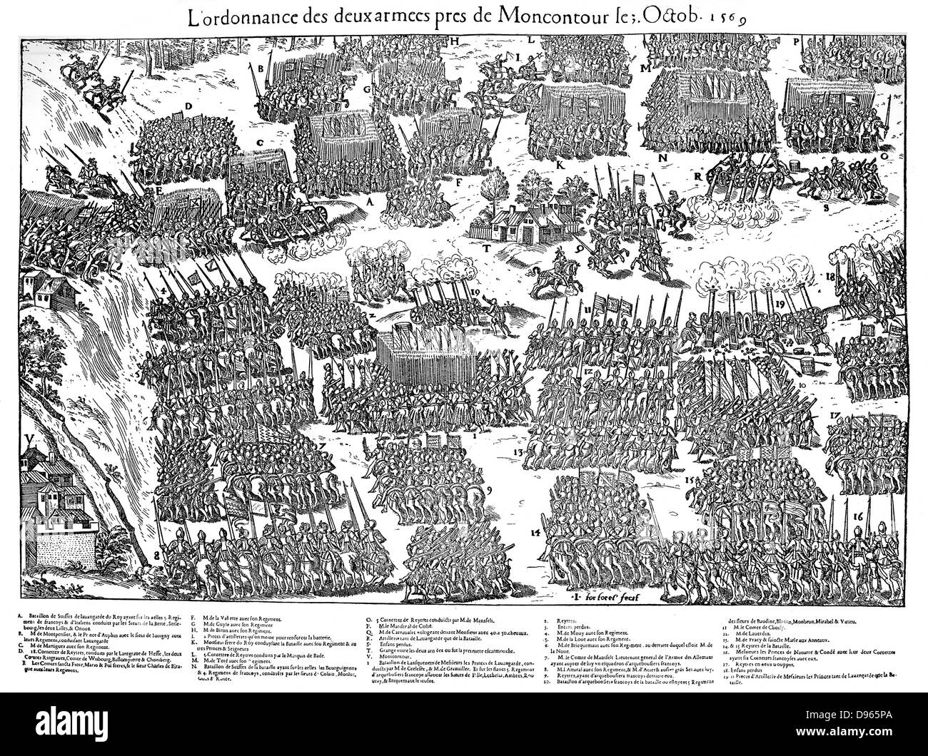 Guerres de Religion française 1562-1598. Bataille de Montcontour 3 octobre 1569. Huguenots sous Gaspard Coligny (1519-1572) a eu de lourdes pertes au cours de la défaite par les catholiques sous Henri, duc d'Anjou (1551-1580), Henry III de France à partir de 1574. Gravure de Jacques Tortorel (fl1568-1590) et Jean-Jacques Perrissin (1536-1617) à partir de leur série sur les guerres des huguenots, c1570. Banque D'Images