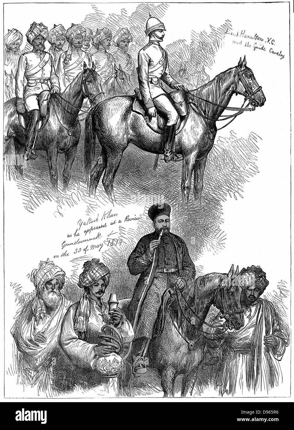 Deuxième Guerre Anglo-afghane (1878-1880) : Yakoub (Yakoob) Khan, souverain de l'Afghanistan, à un réexamen à Gundamuck, 30 mai 1879, après la signature du Traité d'Gundamuck le 26 mai. En haut, le lieutenant Hamilton rides à la tête d'un régiment de guides autochtones. La gravure sur bois Banque D'Images