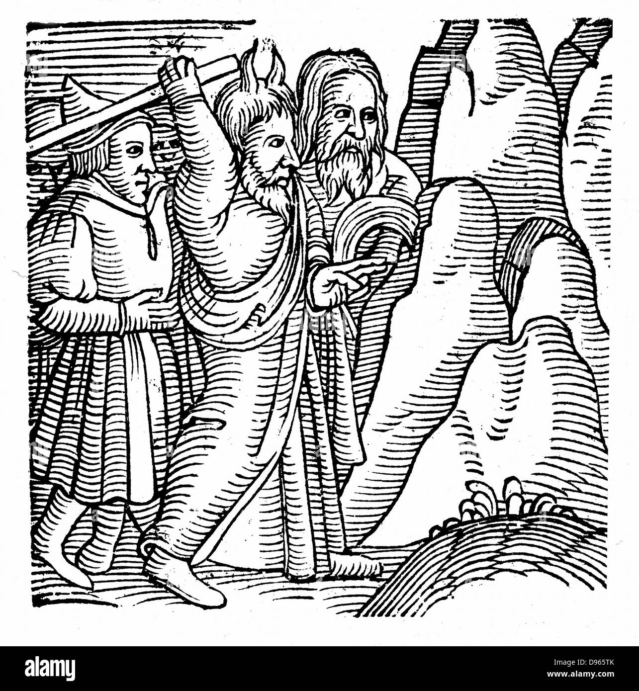 Moïse frappant le rocher dans le désert et la production de l'eau. Conrad Lycosthenes de gravure sur bois "Prodigiorum ac ostentorum chronicon", Bâle, 1557. Banque D'Images