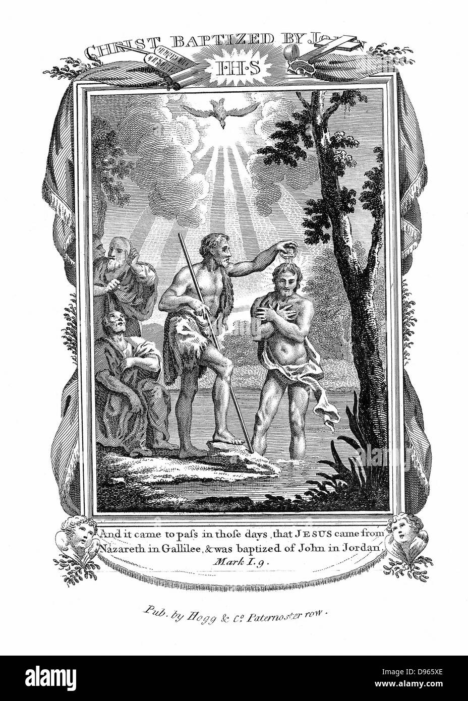 Jean Baptiste baptisant Jésus. "Bible" de Notes 1. 9. La gravure sur cuivre c1808 Banque D'Images