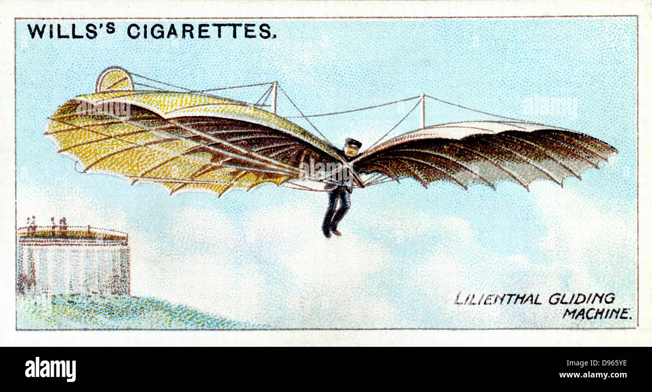 Otto Lilienthal (1848-1896) Pionnier de l'aéronautique allemande deltaplane et inventeur, battant l'un de ses planeurs. Il a fait environ 2 000 vols avant d'être tué. À partir de la série de cartes sur l'aviation publié 1910. Chromolithographie. Banque D'Images