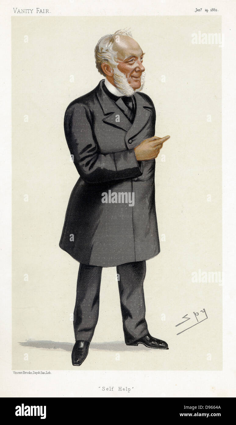 Sourires de Samuel (1812-1904) écrivain écossais, médecin, chirurgien et réformateur social. Auteur de 'Aide'. 'Spy' (Leslie Ward) Caricature de 'Vanity Fair', Londres, 14 Janvier 1882 Banque D'Images