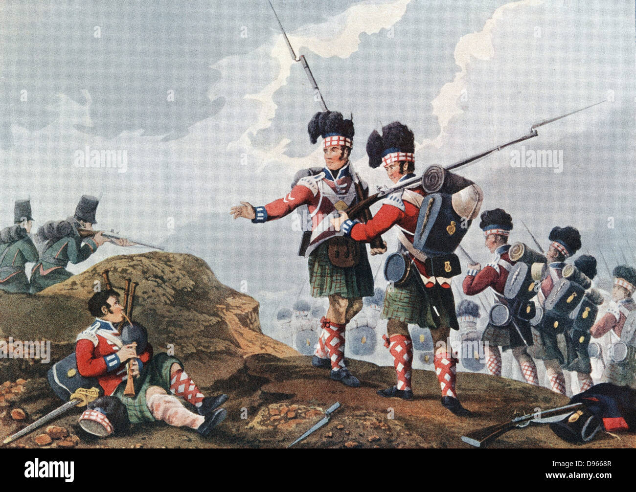 Guerre Péninsulaire : Bataille de Vimiera, 21 août 1808. Wellesley (Wellington) défait Junot. 11e régiment Highland's piper continue de jouer quand les blessés. Banque D'Images