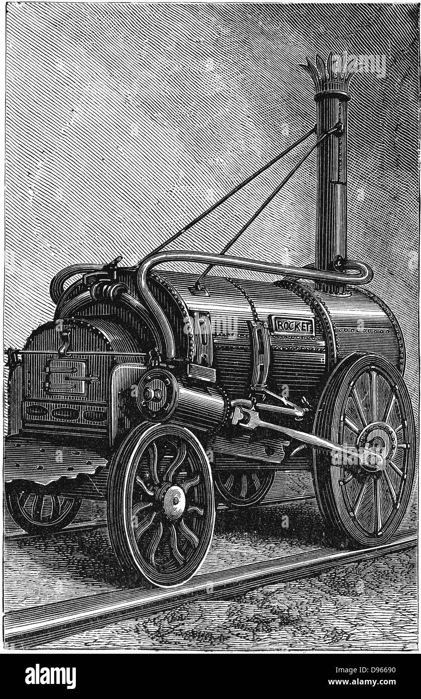 George Stephenson locomotive du 'Rocket'. Le 11 octobre 1829 'Rocket' a gagné le procès pour le moteur Freckeisen à être utilisé sur le chemin de fer de Liverpool à Manchester, Angleterre. La gravure sur bois, 1892 Banque D'Images