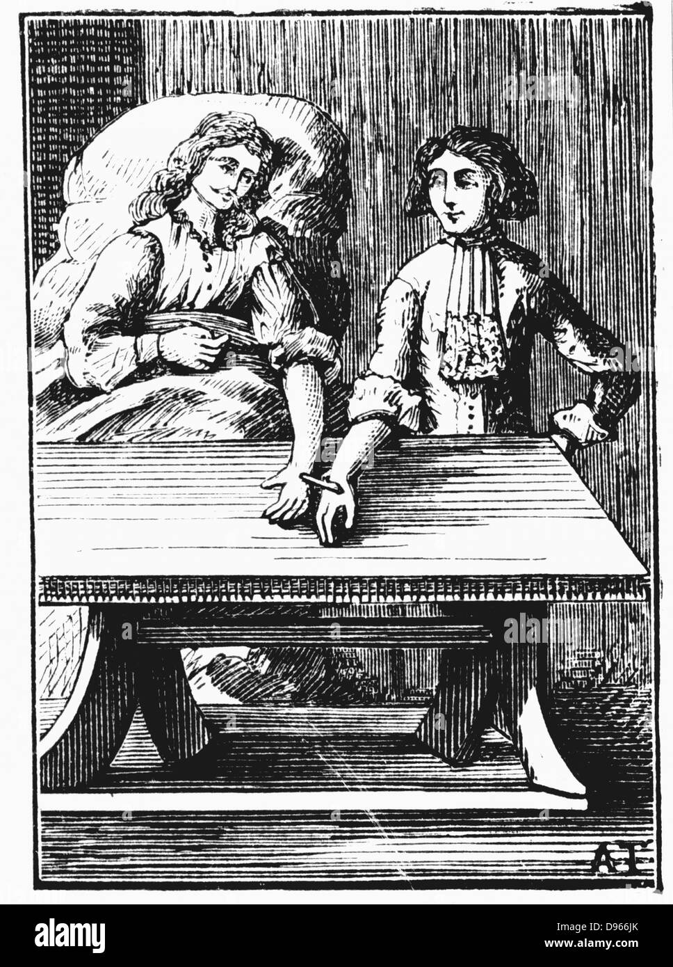 Contact direct de personne à personne la transfusion sanguine au niveau du poignet. Après gravure de George Abraham 'Mercklino Tractatio med. Curiosa de murto et occasu transfusionis sanguinis" Nuremberg, 1679. Gravure Banque D'Images