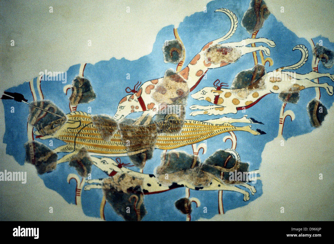 Fresque de scène de chasse chiens de chasse (cerf) partiellement restauré de Tirynthe (Tirins), Grèce. Période homérique. Banque D'Images