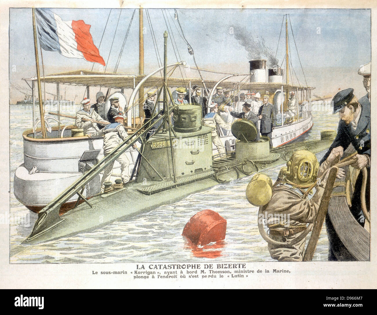 Ministre de la marine française de faire une plongée dans le sous-marin "Korrigan" pour examiner l'épave de son navire-jumeau "lutin". À partir de 'Le Petit Journal', Paris, 1906. Banque D'Images