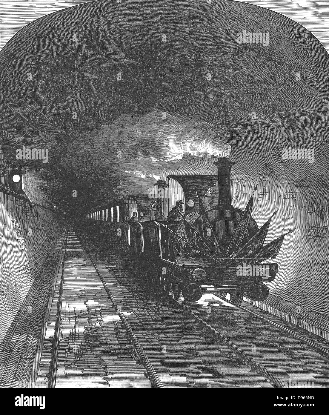 Ouverture du tunnel ferroviaire du Mont Cenis qui relie la France et la Suisse. Travail commencé en 1857. Inauguration train dans Huf, 1871. La gravure sur bois. Banque D'Images