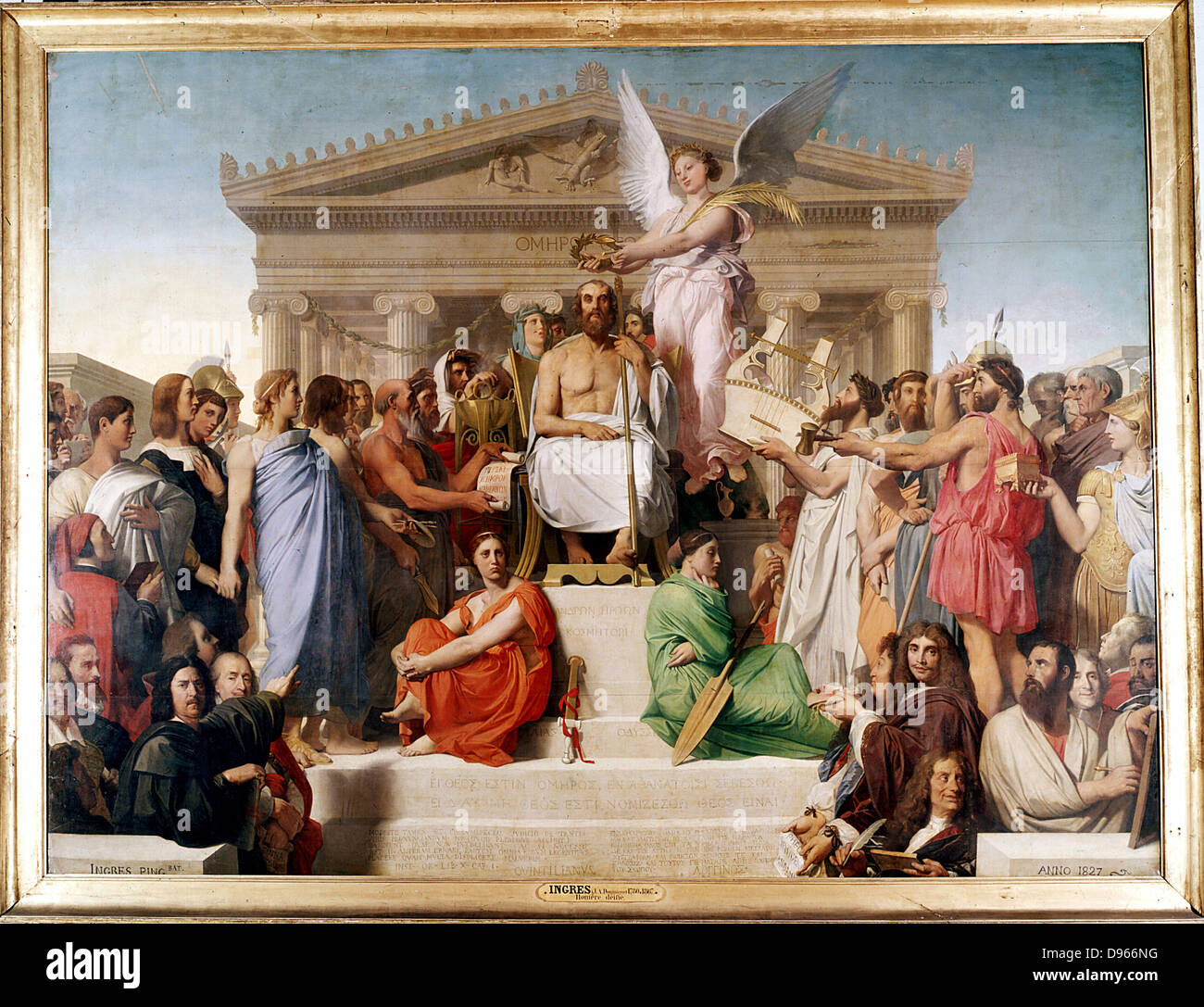 Jean Auguste Dominique Ingres (1780-1867) peintre classique français. "L'apothéose d'Homère". Homère (8e siècle avant J.-C.), poète épique grec ancien. Homère entouré de célèbres figures littéraires de Plutarque à Molière. Louvre, Paris. Banque D'Images