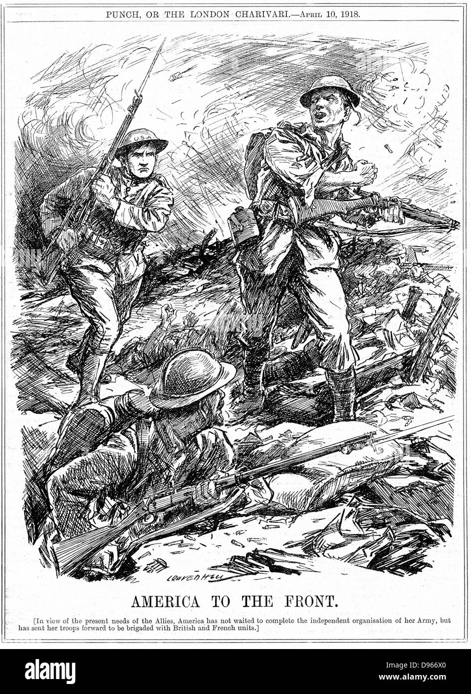 La Première Guerre mondiale : Caricature de L. Ravenhill de 'Punch', Londres, 10 avril 1918, lorsque l'Amérique a envoyé des hommes pour renforcer les troupes alliées avant l'arrivée de l'Armée US principal. Gravure Banque D'Images