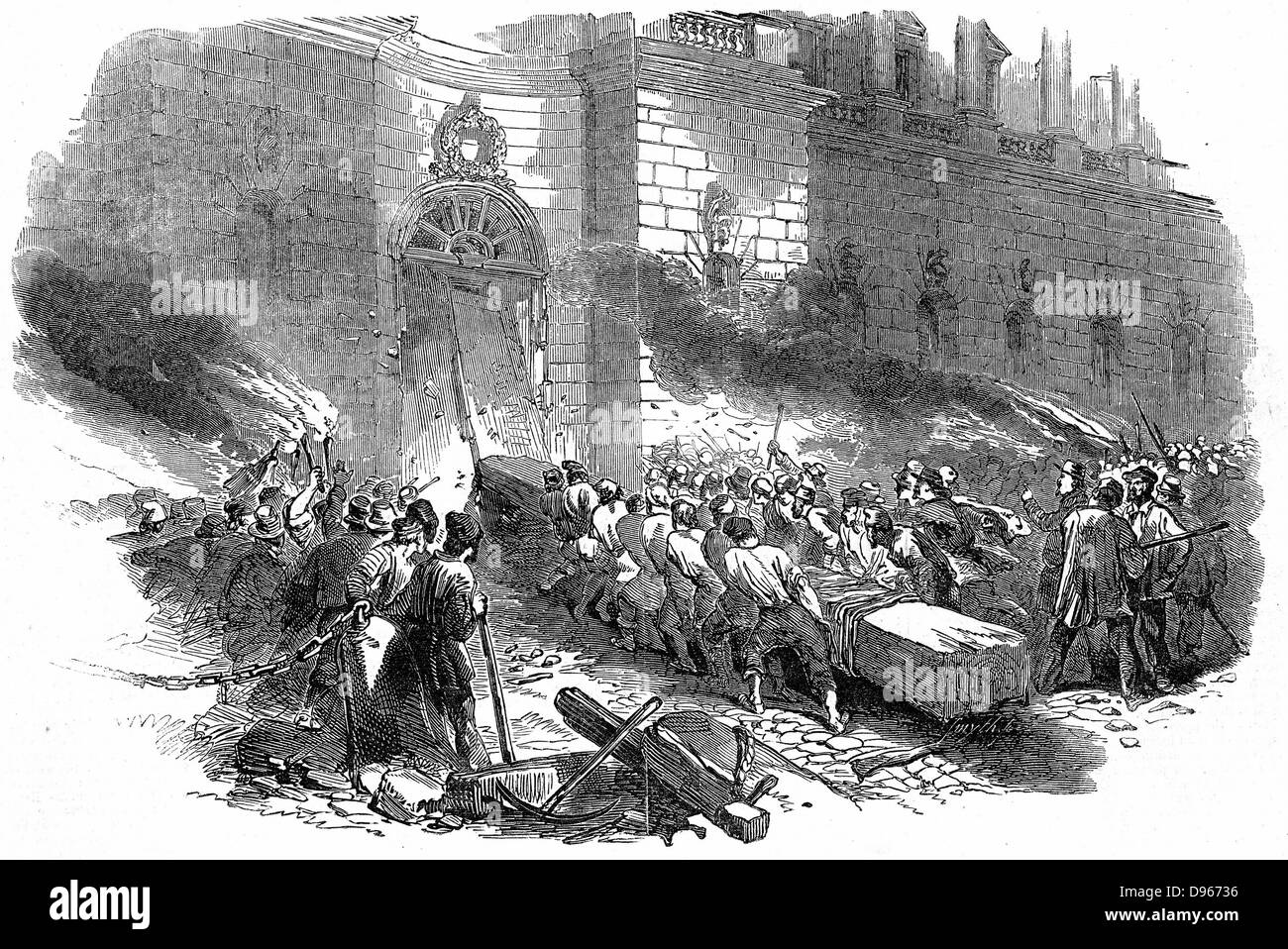 Révolution dans la Prusse, mars 1848. La foule d'assaut l'Arsenal à Berlin. La gravure sur bois, 1848 Banque D'Images