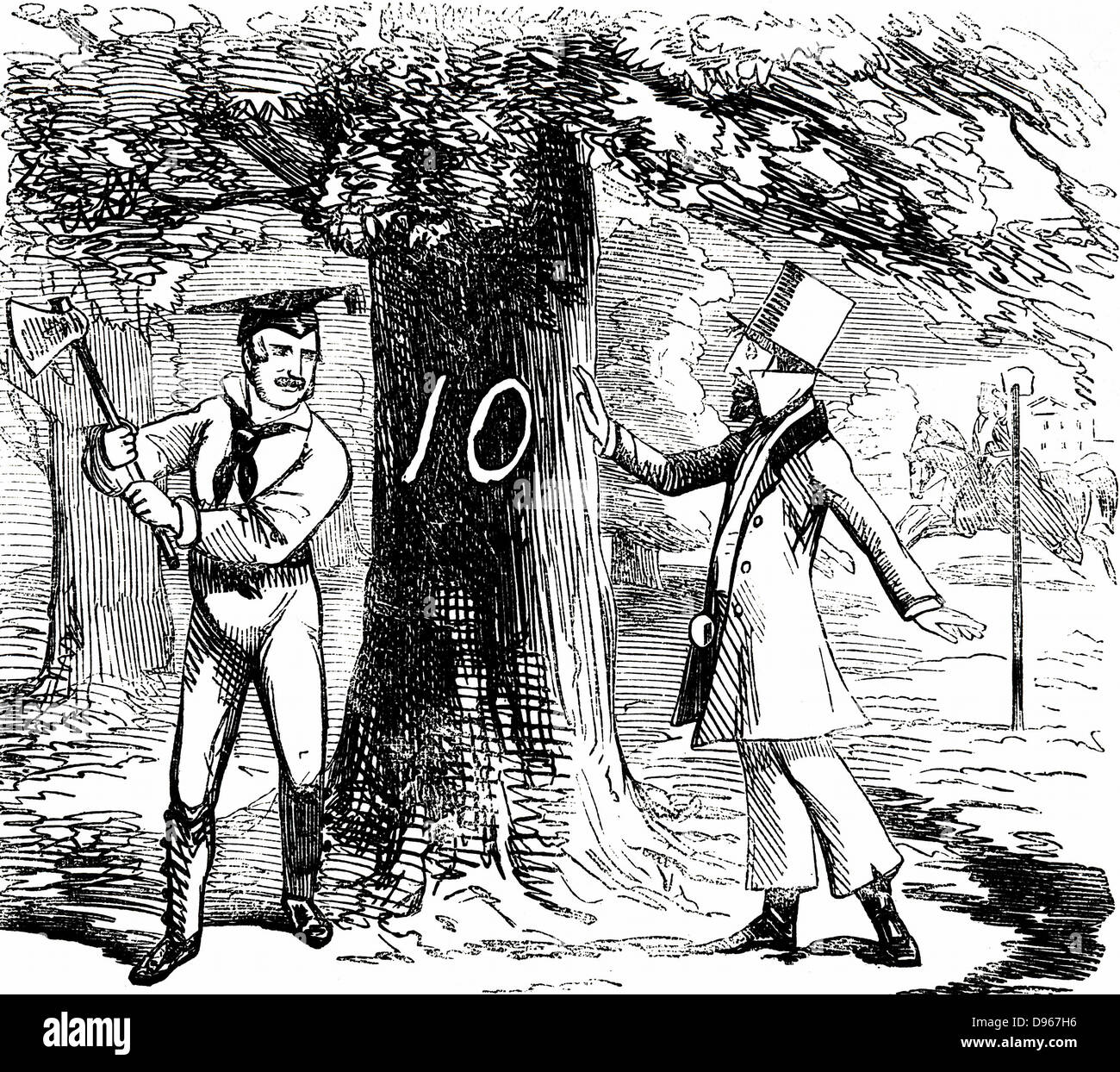 Albert (1819-1861) Consort de la reine Victoria à partir de 1840. Albert est instamment demandé de réfléchir avant d'abattre des arbres dans la région de Hyde Park pour faire place au Crystal Palace et l'Exposition Universelle de 1851. À partir de 'Punch', Londres 1850 Banque D'Images