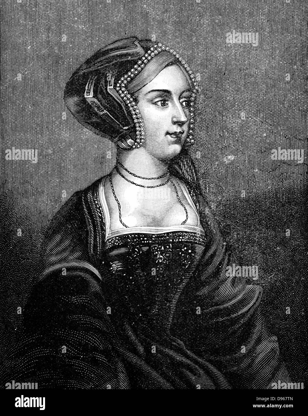 Anne Boleyn (c1504-1536), deuxième épouse d'Henri VIII d'Angleterre : mère d'Elizabeth I : reconnu coupable de haute trahison pour cause d'adultère : frais presque certainement fabriqués. Gravure du xixe siècle après Holbein Banque D'Images