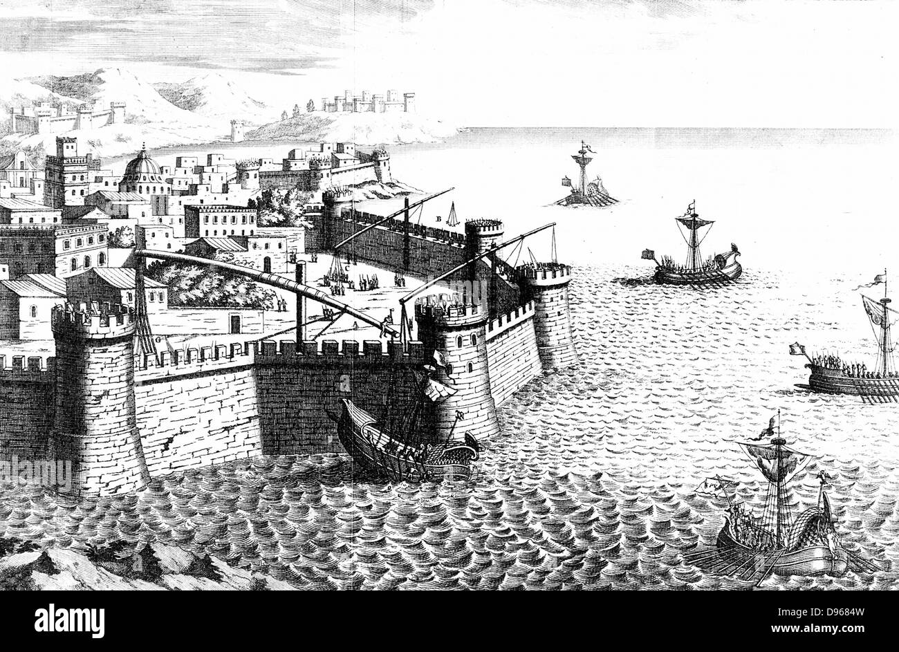 Archimède (c287-212 BC) mathématicien et inventeur de la Grèce antique. La reconstruction d'Archimedes' Crow, l'appareil aurait été utilisé pour la défense de Syracuse contre les Romains (212 avant J.-C.) d'annuler l'attaque des navires. La gravure sur cuivre du 18e siècle. Banque D'Images