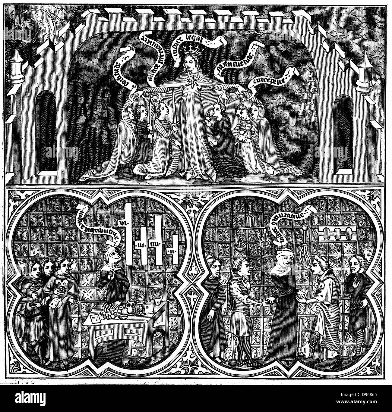 Aristote (384-322 avant J.-C.) le grec ancien philosophe et scientifique. Illustration allégorique de Dame Justice tous les aspects juridiques de la justice jusqu'à la justice personnelle et l'obéissance. Après gravure 14e siècle manuscrit de livre V de l'éthique d'Aristote Banque D'Images