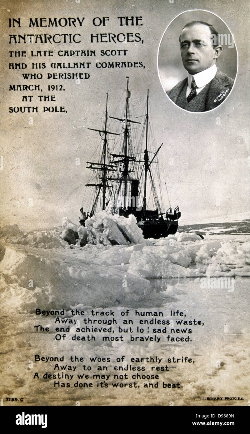 Robert Falcon Scott (1868-1912), l'explorateur anglais. Carte postale commémorant Scott's'expédition malheureuse. Scott (en médaillon) et 'Terra Nova' pris dans la glace. Photographie. Banque D'Images