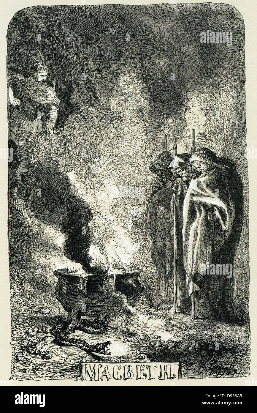 Visiter les trois sorcières de Macbeth sur le blasted Heath. Page de titre par Sir John Gilbert pour 'Macbeth' dans une édition de l'œuvre de Shakespeare Londres 1858. La gravure sur bois Banque D'Images