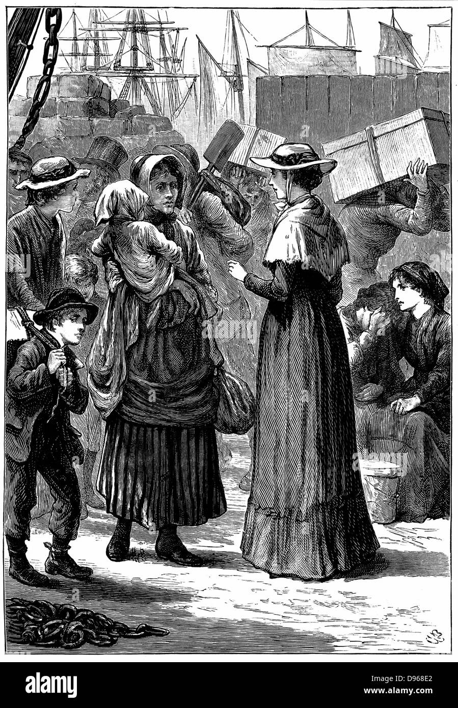 Caroline Chisholm (né Jones - 1808-1877) appelé "l'Emigrant's Friend' né à Wotton, Northamptonshire. Ici, tout en résidant en Australie, émigrants nouvellement arrivés sur les quais de Sydney c1845. Banque D'Images