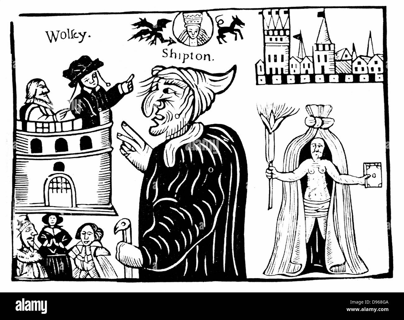 Mother Shipton (1488-C1560) English sorcière et prophétesse, prophétisant la mort du Cardinal Wolsey. Gravure sur bois Banque D'Images